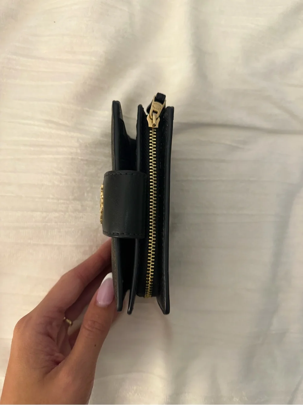 Coach Brown and Black Signature Bi-Fold Wallet with Gold Logo